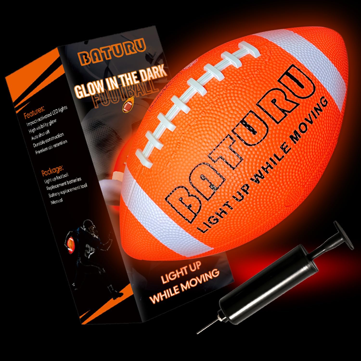 BATURU glow in the dark football front view showing the vibrant orange rubber and white laces.