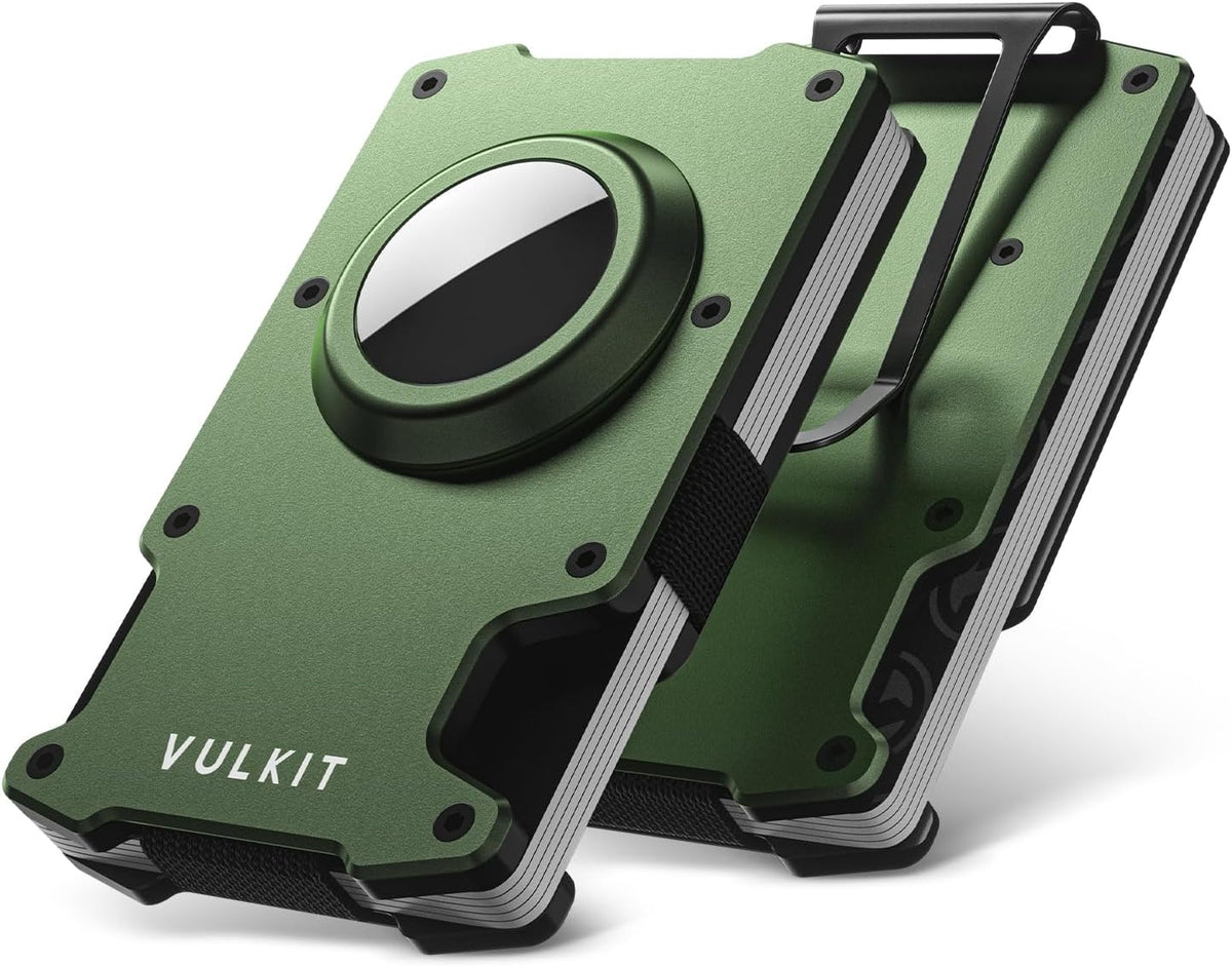 VULKIT minimalist slim wallet front view in army green