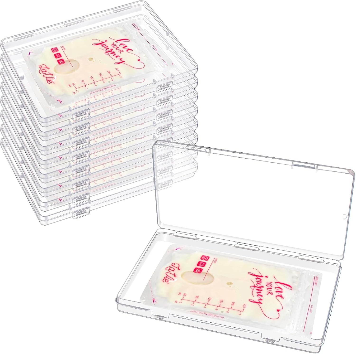 WYSLP 8 piece clear flat breast milk freezer storage organizer set front view