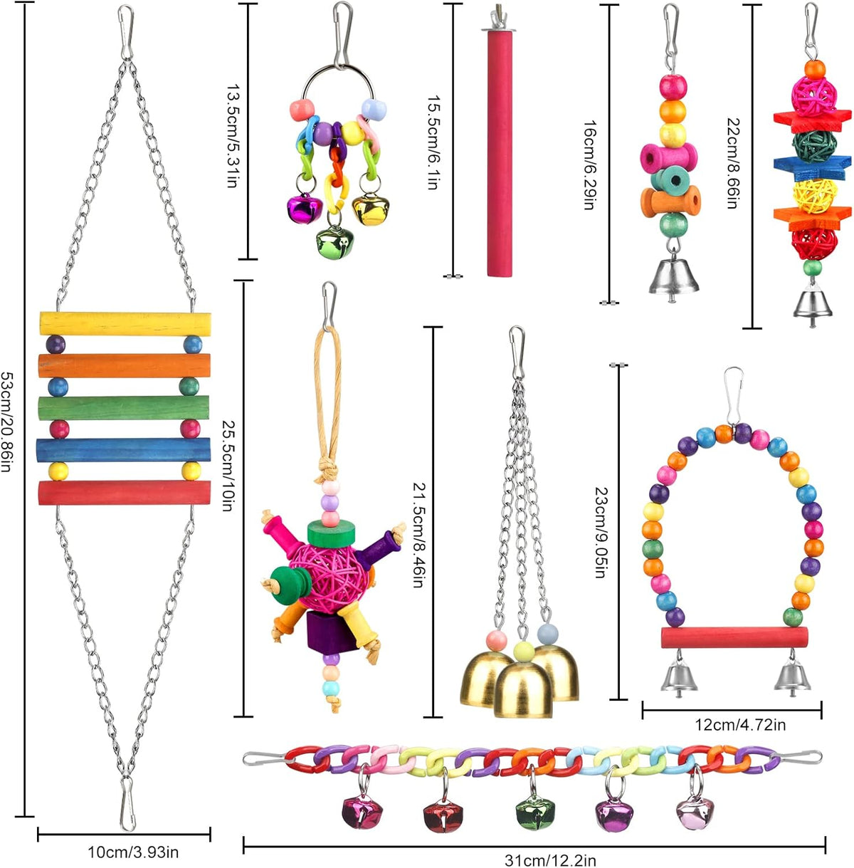 Nine piece YIXUND bird cage accessory bundle displayed together showcasing safe food grade color paints