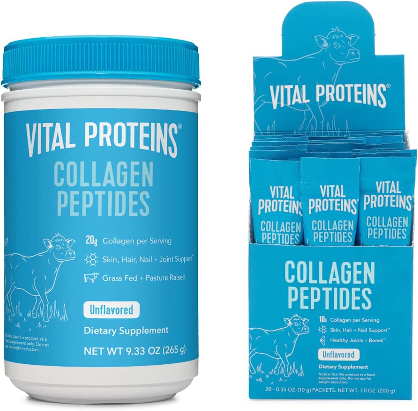 Vital Proteins collagen peptides powder front view container and stick packs