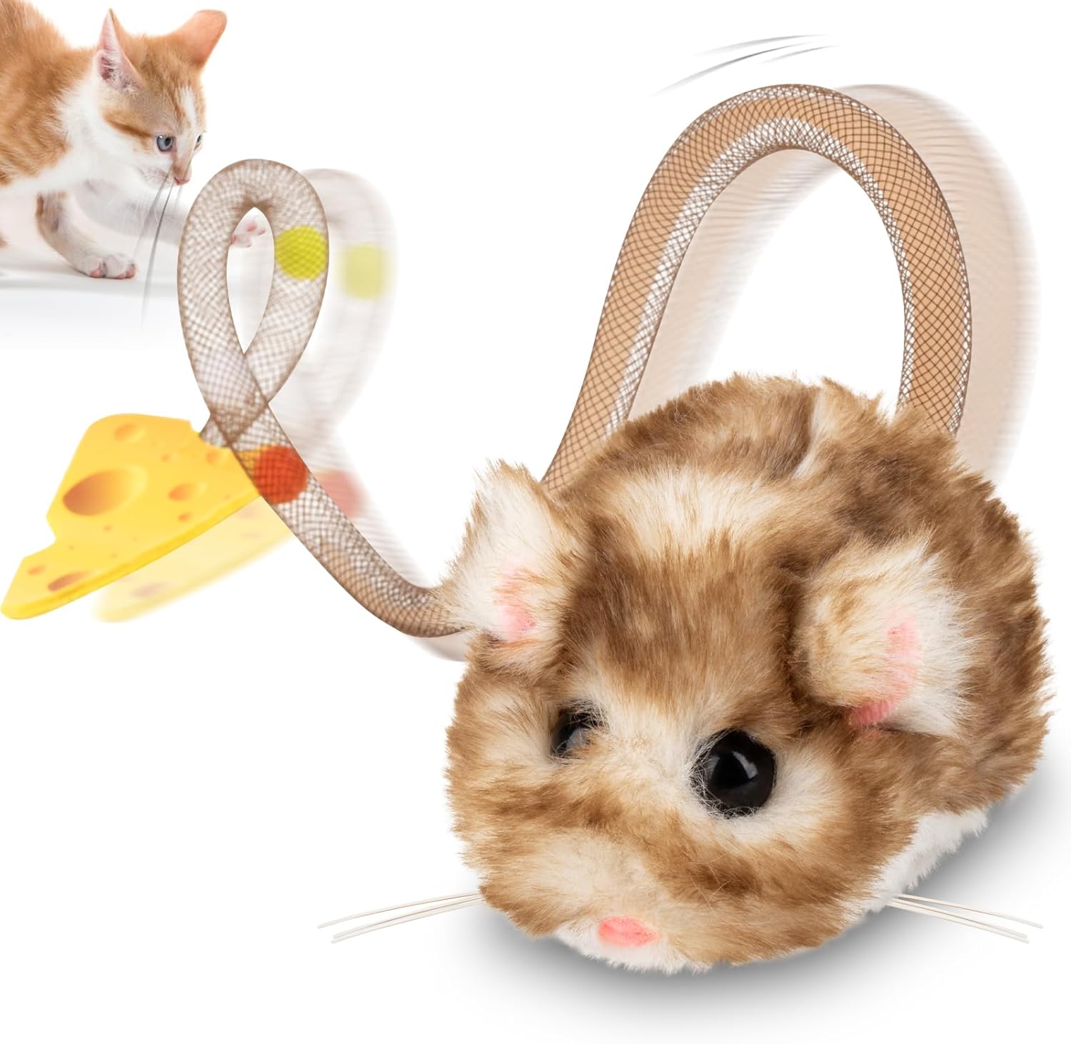 Migipaws Interactive MigiMouse Cat Toy front view showing the brown long plush body on a white background.