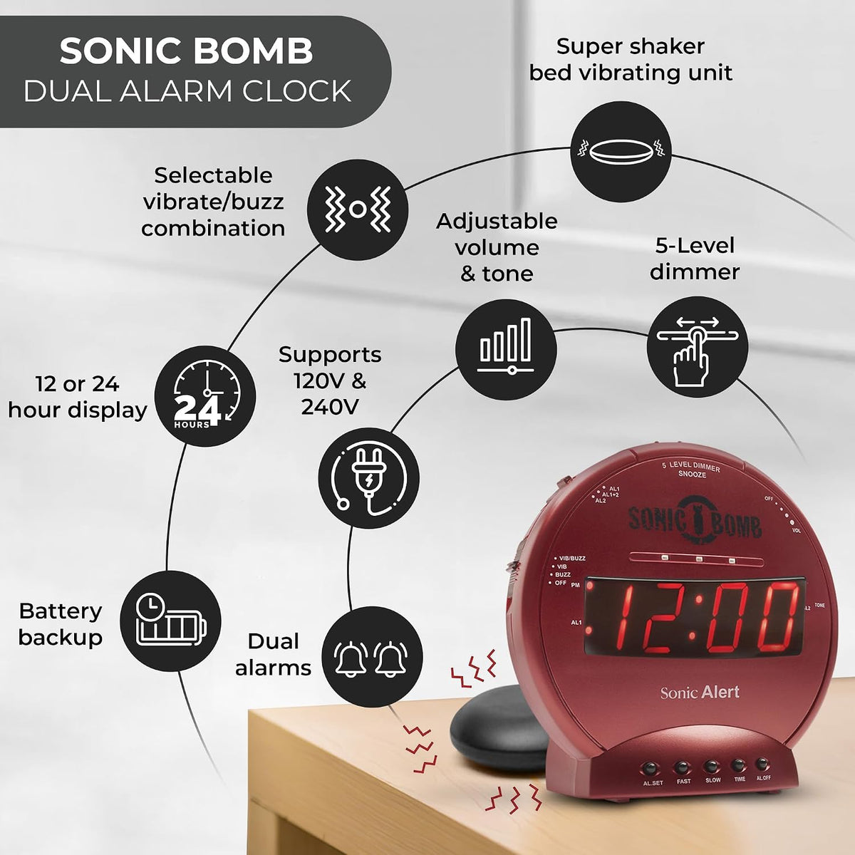 Sonic Bomb Dual Extra Loud Alarm Clock with Bed Shaker, Black | Sonic Alert Vibrating Alarm Clock Heavy Sleepers, Battery Backup | Wake with a Shake - Image 13