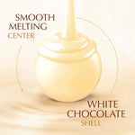 Individually wrapped white and gold foil gourmet chocolate truffles spilling out of box