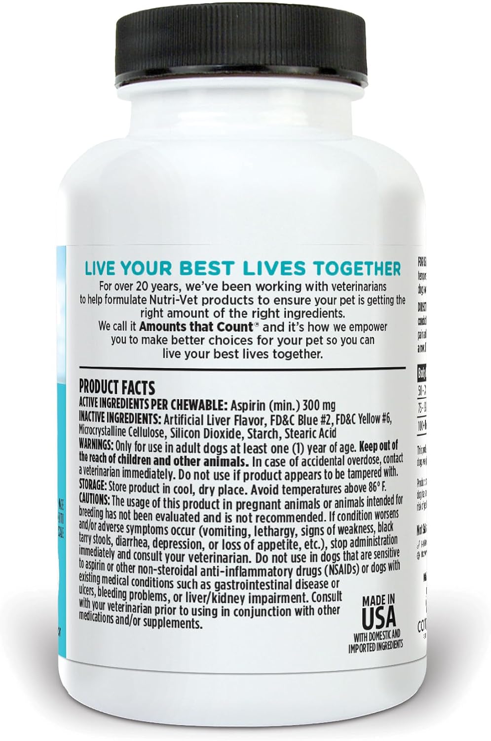 USA imported Nutri-Vet canine aspirin pain relief tablets for pet mobility and health management.