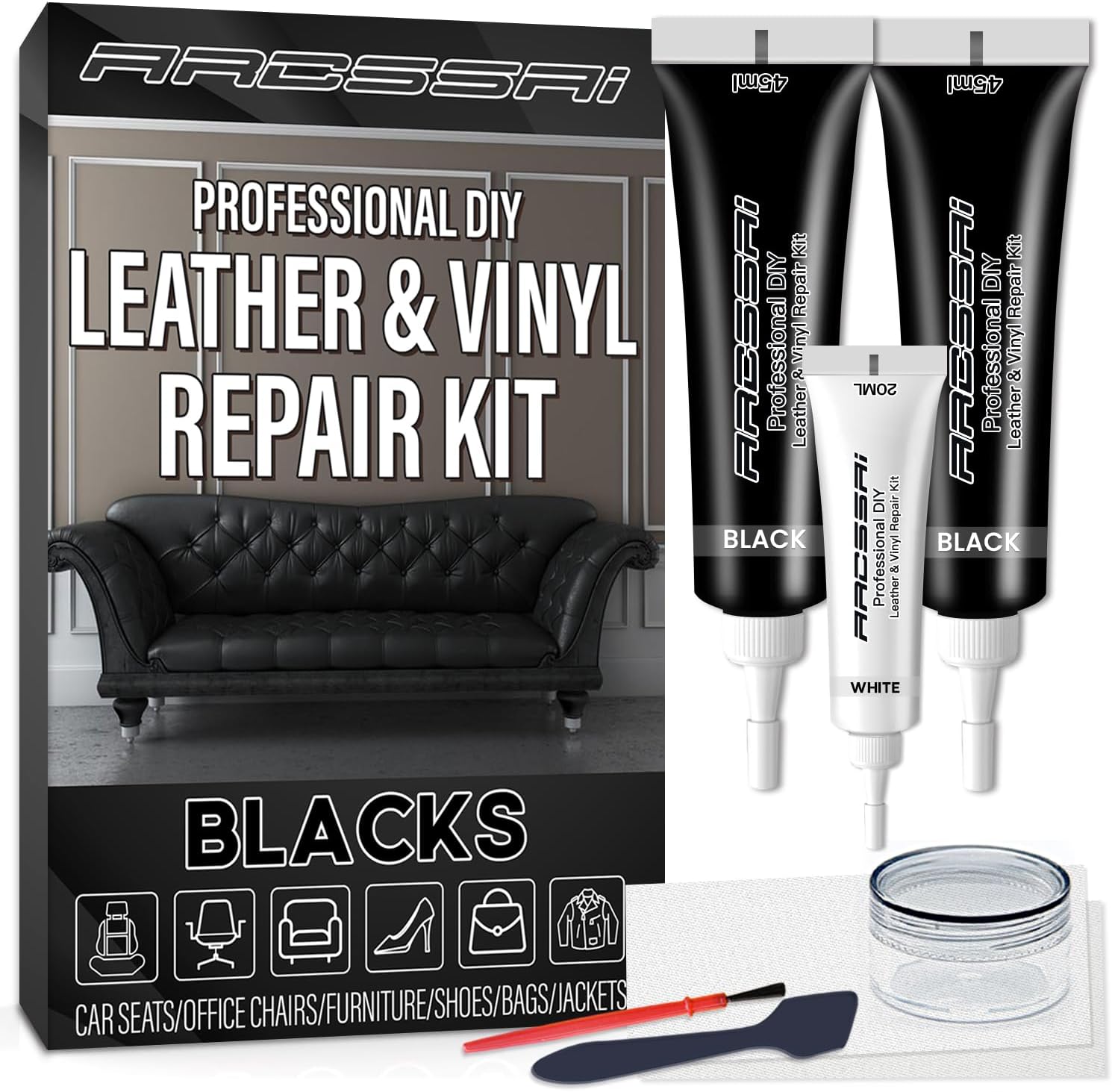 ARCSSAI Black Leather And Vinyl Repair Kit front view packaging