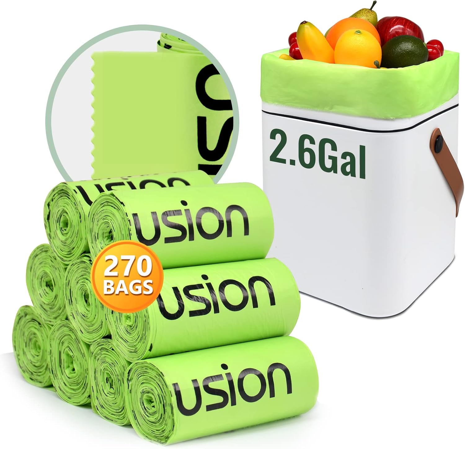 GreFusion Compostable Trash Bags 270 count box front view eco friendly kitchen liners