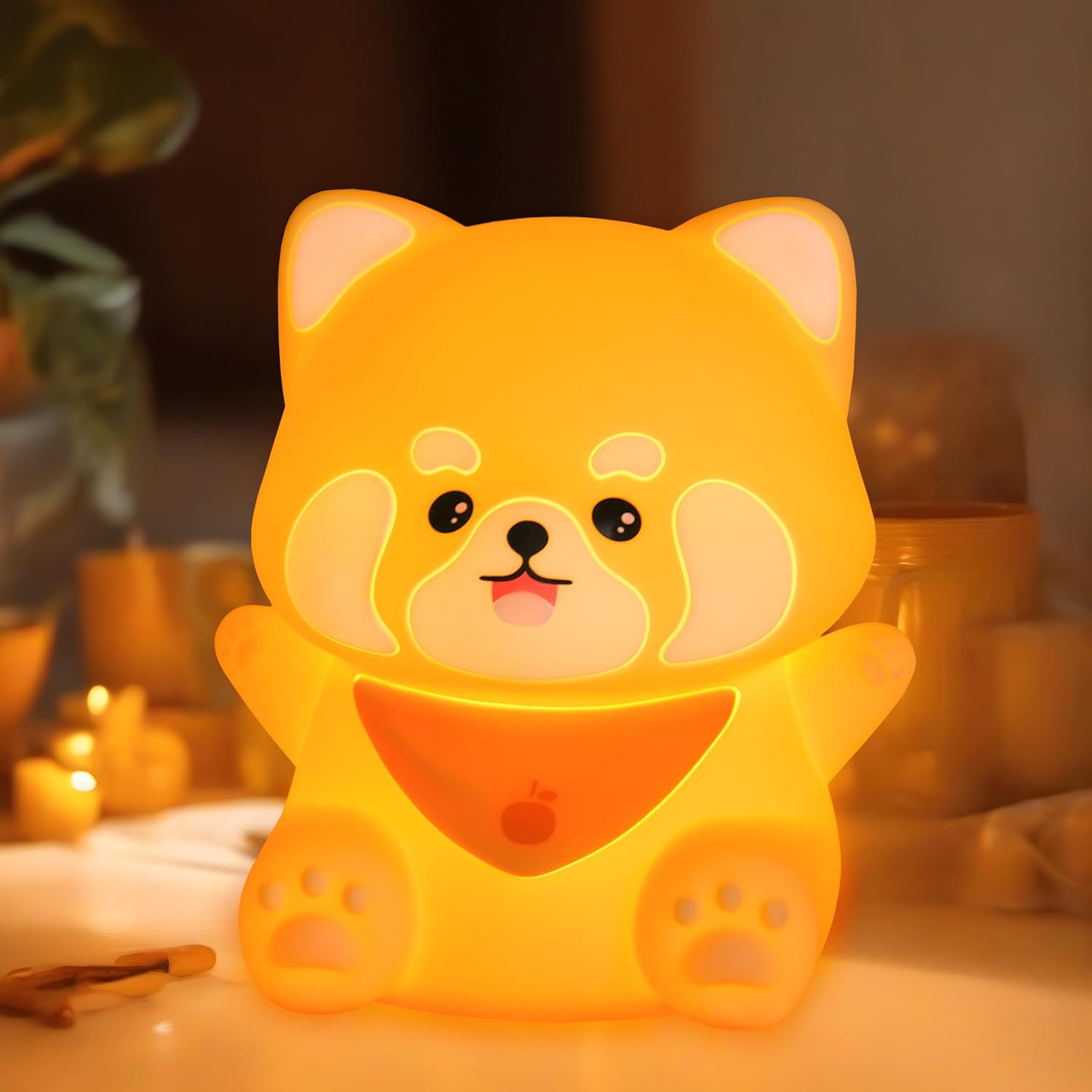 Rytinazzz red panda silicone night light front view standing on a bedside table