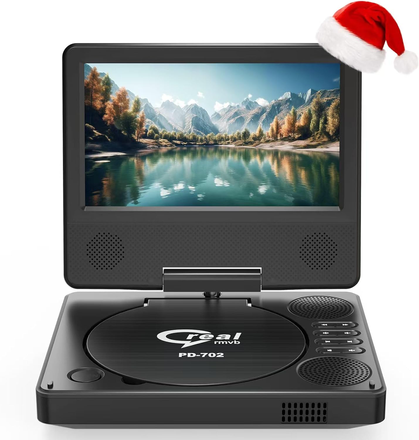 PJGCWB portable DVD player front view showing open swivel screen and control panel keys.