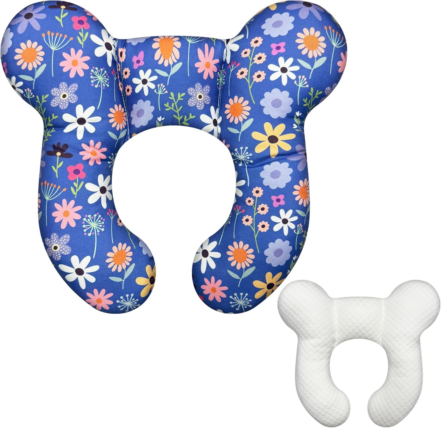 Reflyaway baby travel pillow front view showing blue daisy floral pattern and ergonomic U-shaped design for infant support.