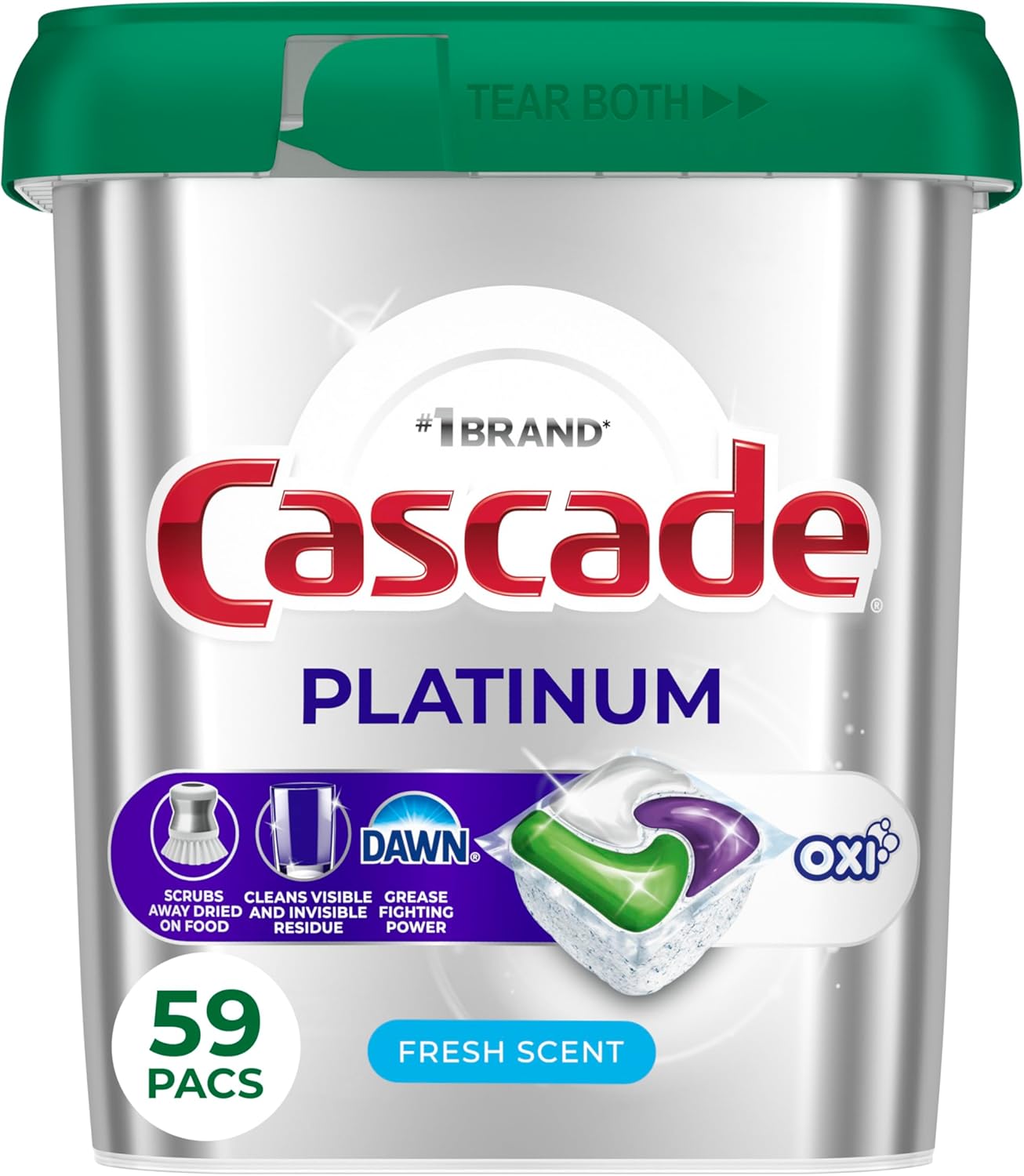 Cascade Platinum + Oxi Dishwasher Pods, Dishwasher Detergent, Dish Detergent Soap, Fresh, 59 Count - Image 1