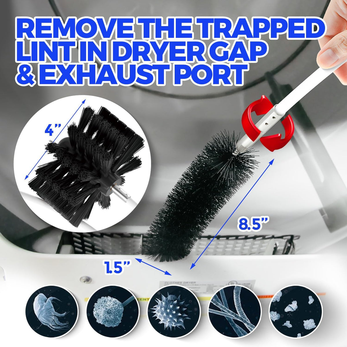 Close-up of heavy-duty bristle brush removing trapped lint