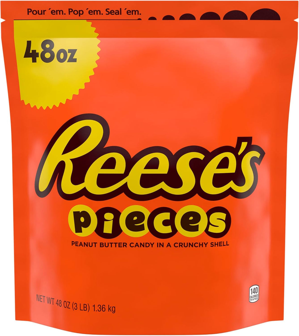 Reese's Pieces 48 Ounce resealable bulk party pack packaging