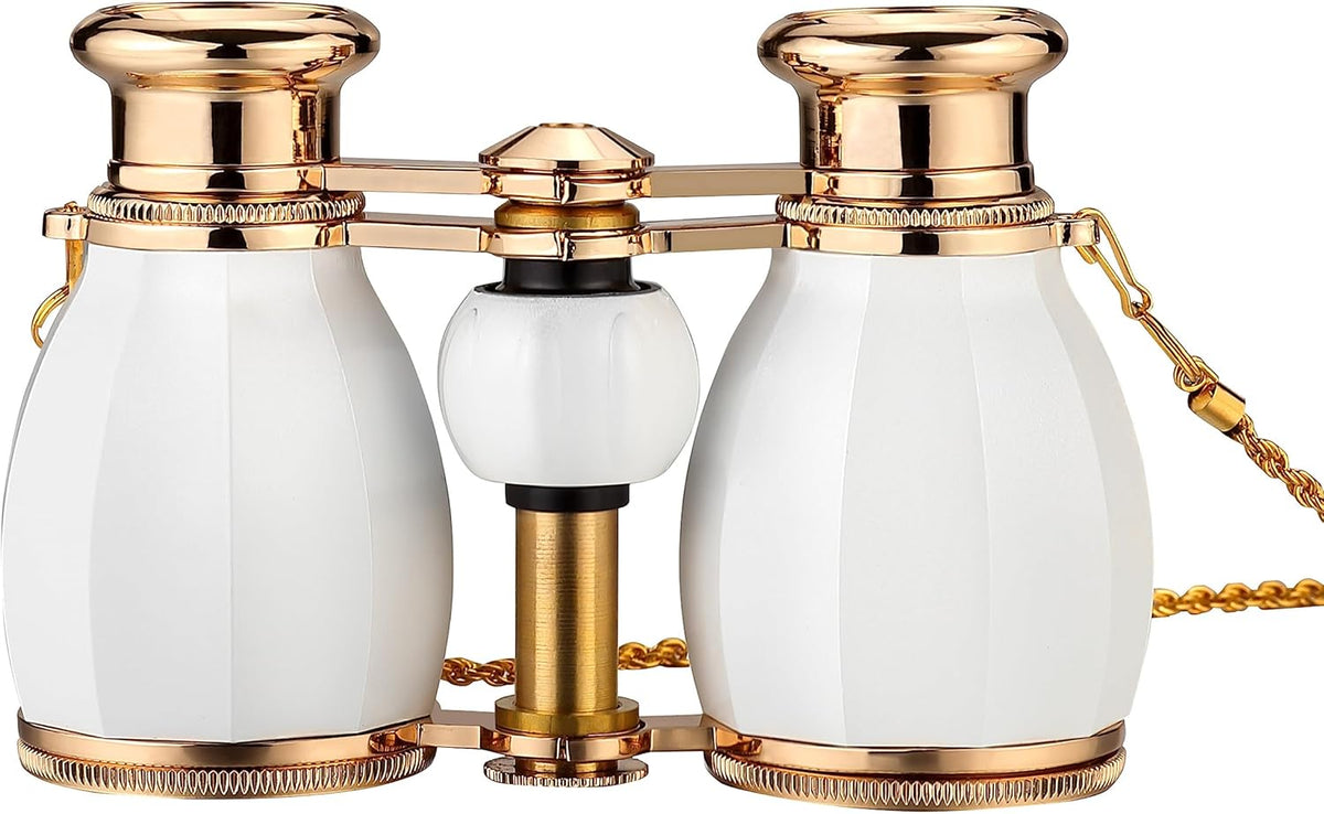 ESSLNB 4X30mm opera glasses front view showing the elegant white and gold finish
