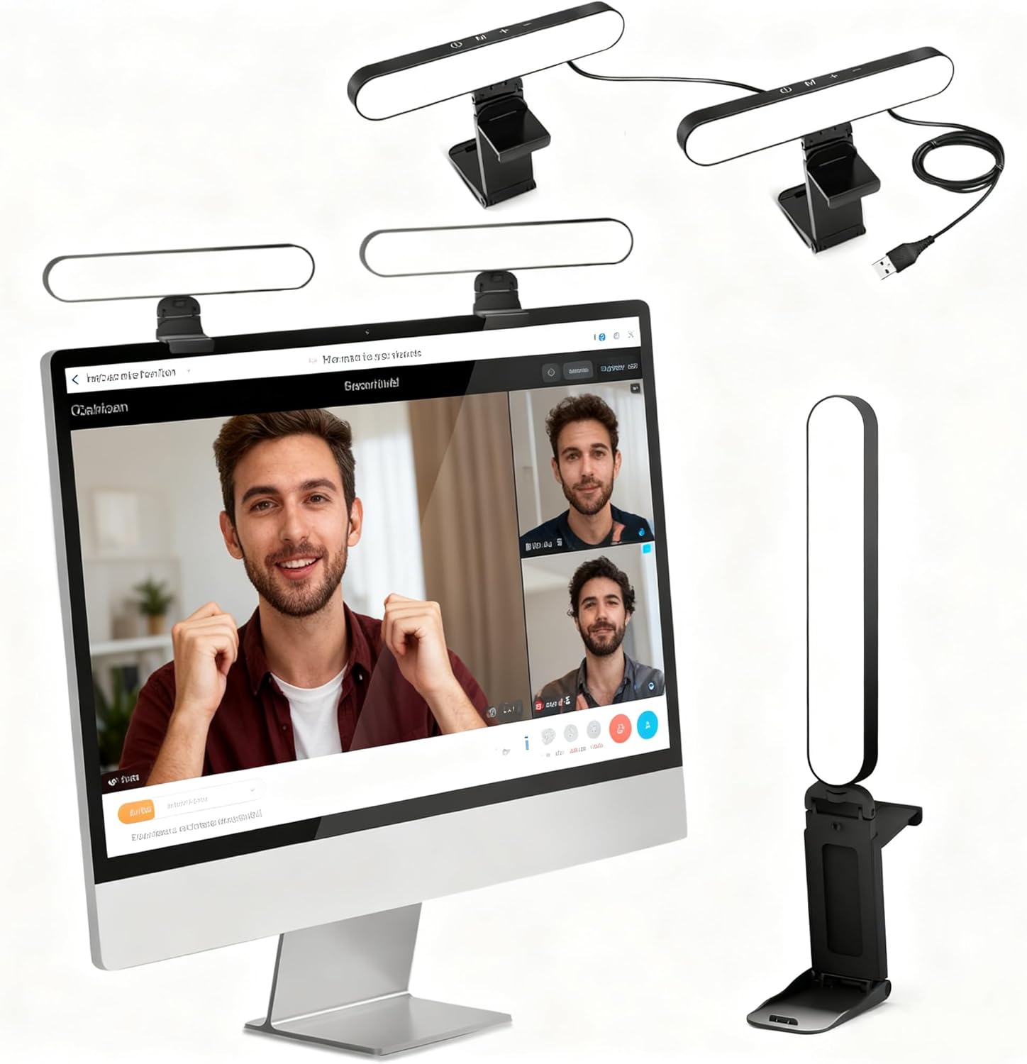 UBeesize video conference lighting double kit front view showing dual LED bars mounted on a computer monitor