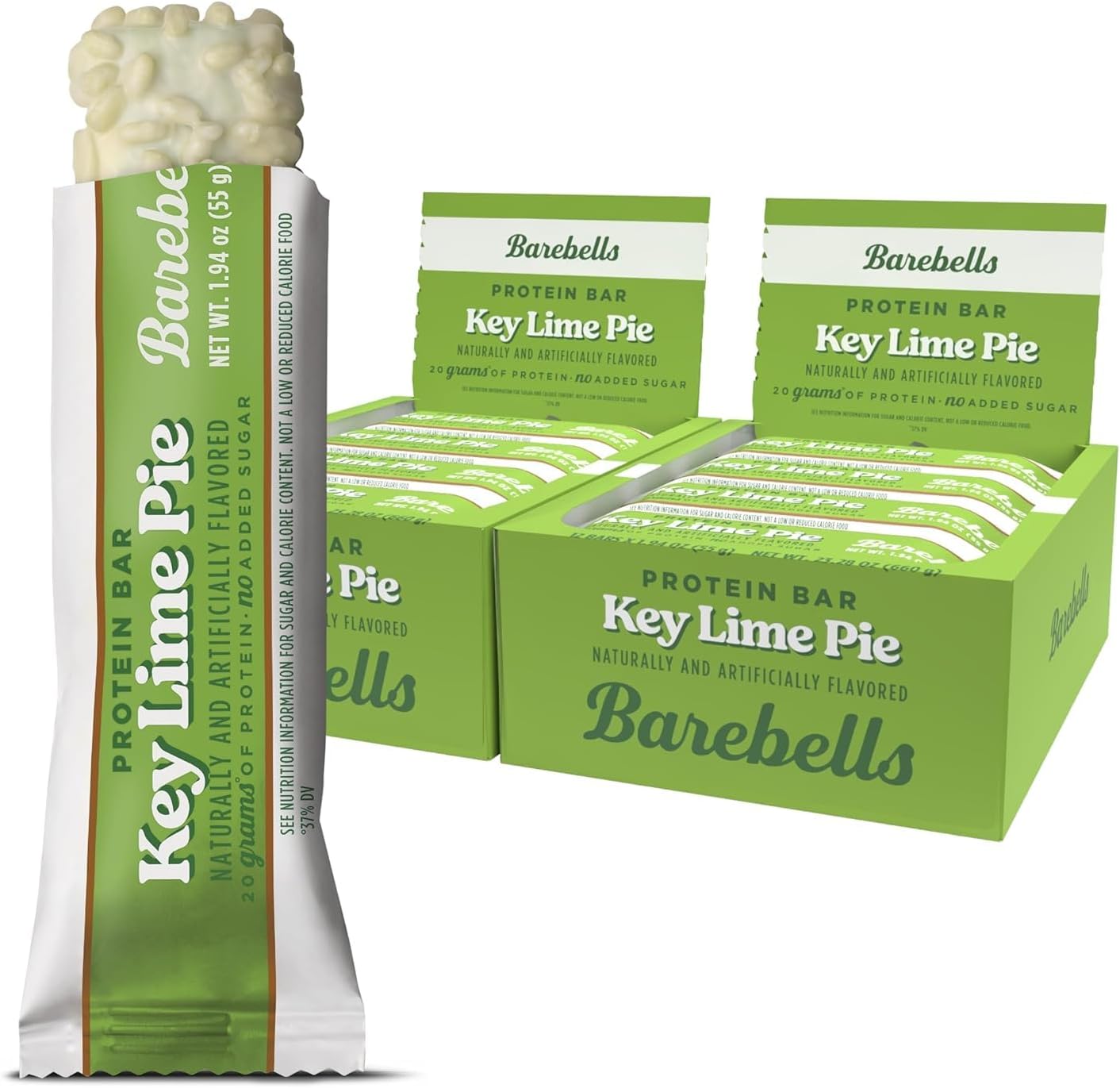 Barebells Key Lime Pie Protein Bars pack of 2 front view showing white chocolate coating