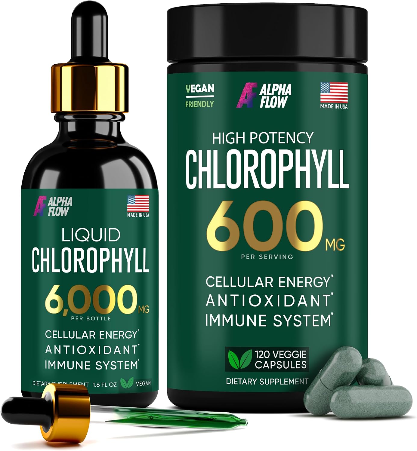 Alpha Flow liquid chlorophyll drops and capsules bundle front view bottle package