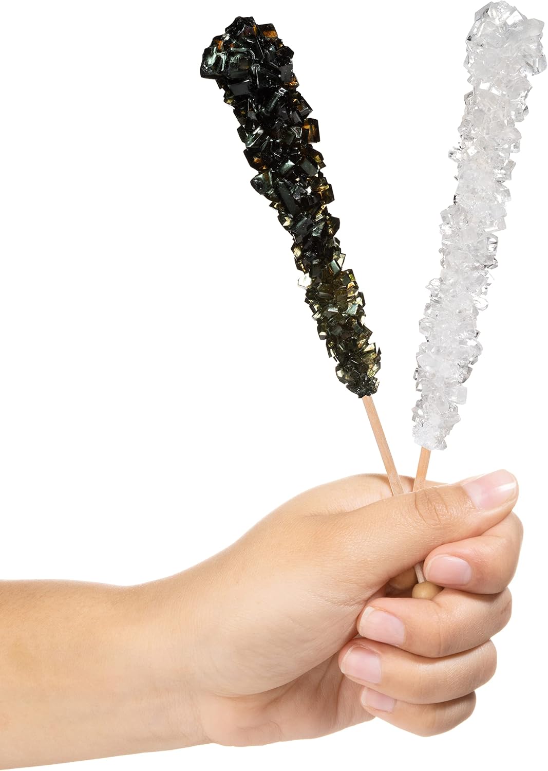 Close up of black cherry flavored black rock candy stick