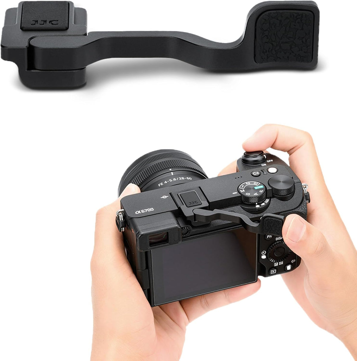 JJC Foldable Thumb Up Grip for Sony A6700 camera front view showing the premium black aluminum alloy finish.
