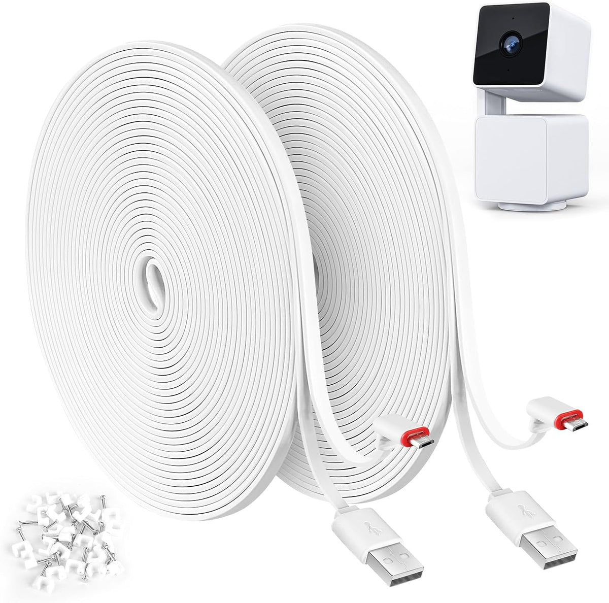 AYMVTNTN extension cable for security cameras front view showing two packs of white cords with cable clips