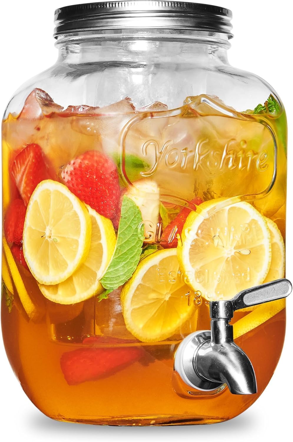 Brefr glass drink dispenser front view with stainless steel spigot