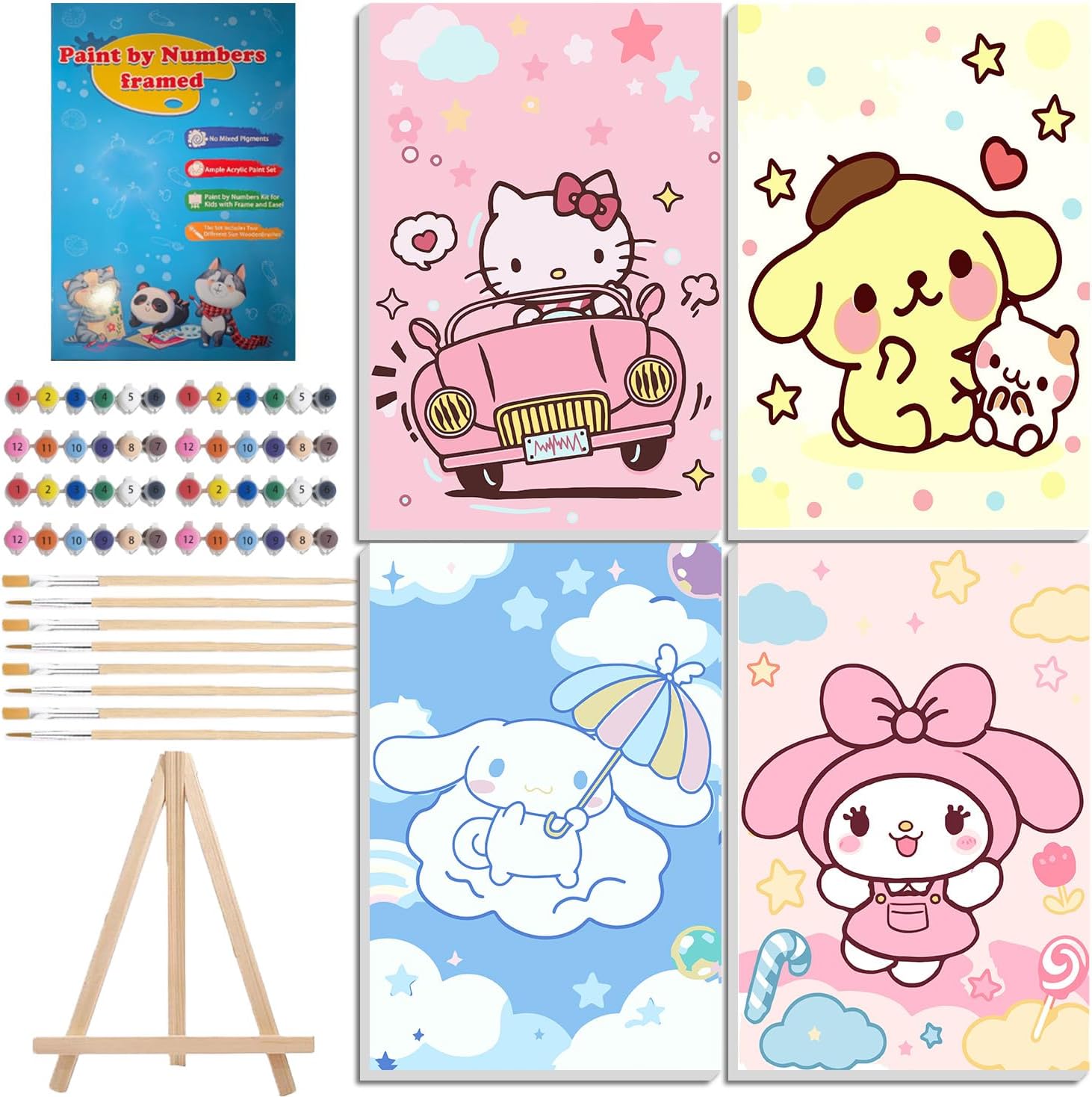 CYNART 4 Pack Paint by Numbers Kit front view showcasing four framed Sanrio character canvases and wooden easel stand