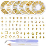 DANNEASY 3d gold nail studs metal charms kit front view showcasing six organizer wheels
