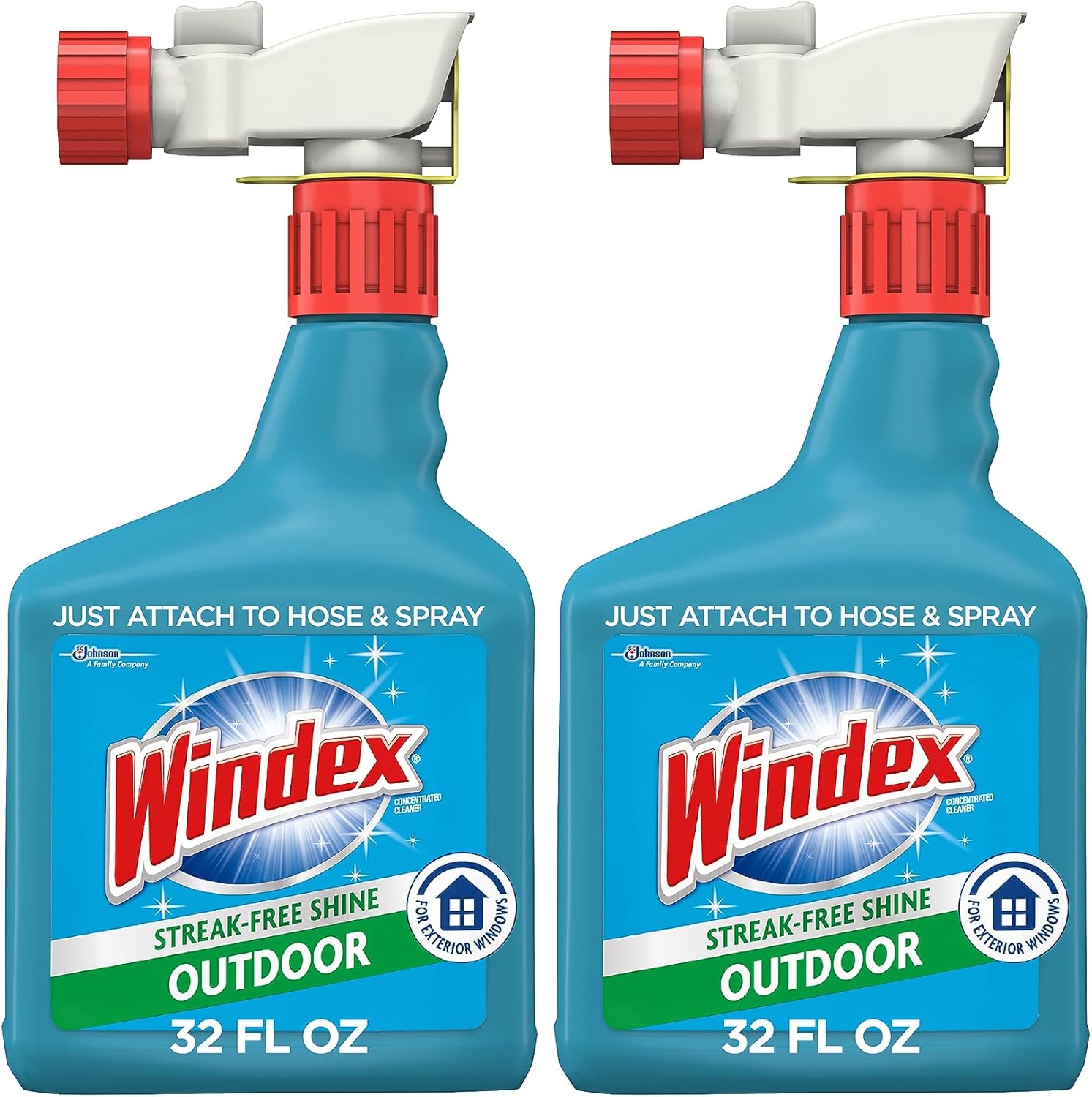 Windex Outdoor Window Cleaner front view of 32 fluid ounce twin pack bottles.