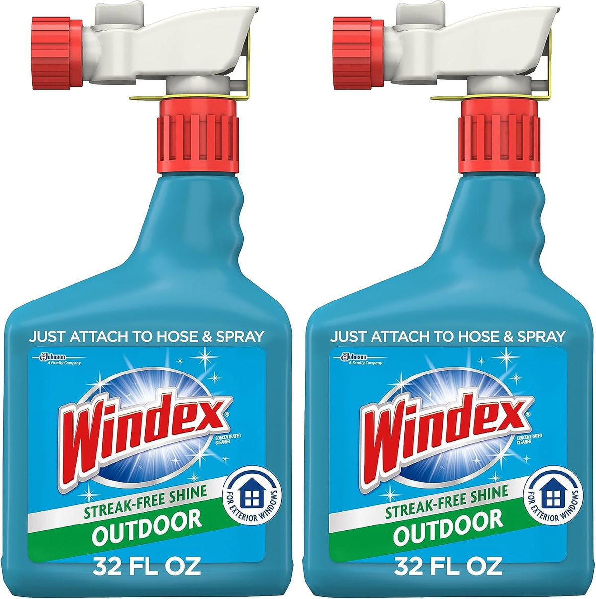 Windex Outdoor Window Cleaner front view of 32 fluid ounce twin pack bottles.