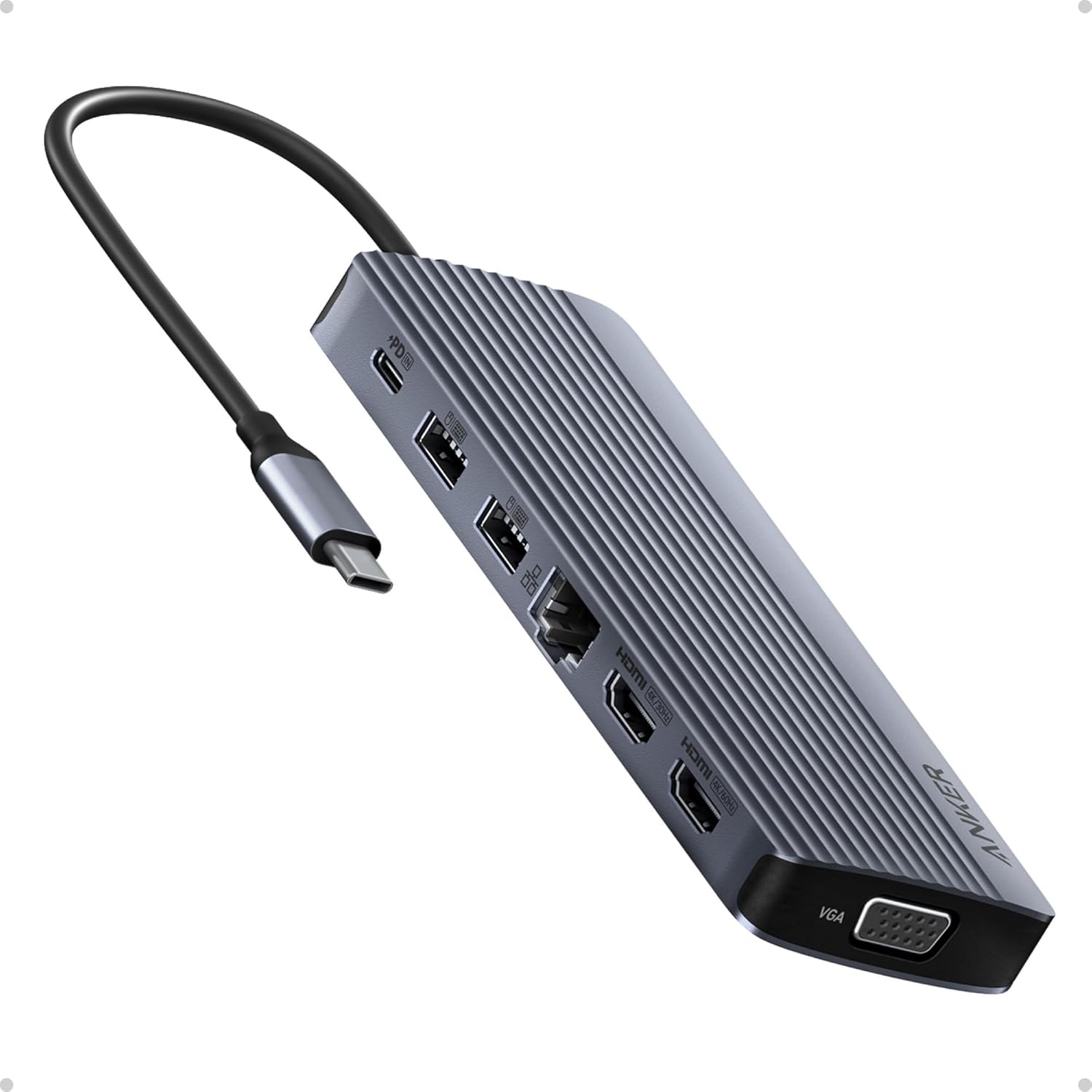 Anker 14 in 1 triple display docking station front view showcasing dual HDMI and VGA video output layout