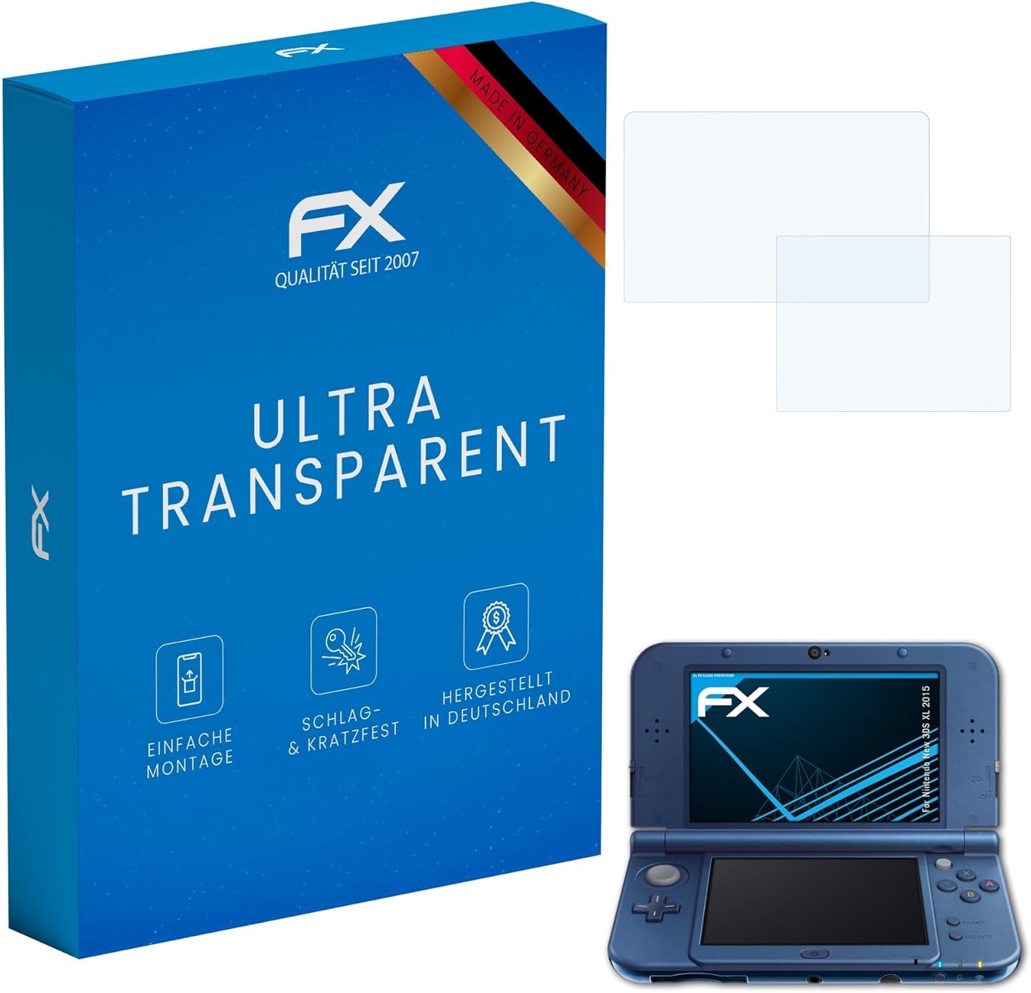 atFoliX Nintendo New 3DS XL screen protector packaging front view showing premium German engineering labels.