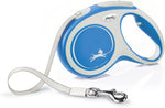 Small dog walking with a grey Flexi retractable leash