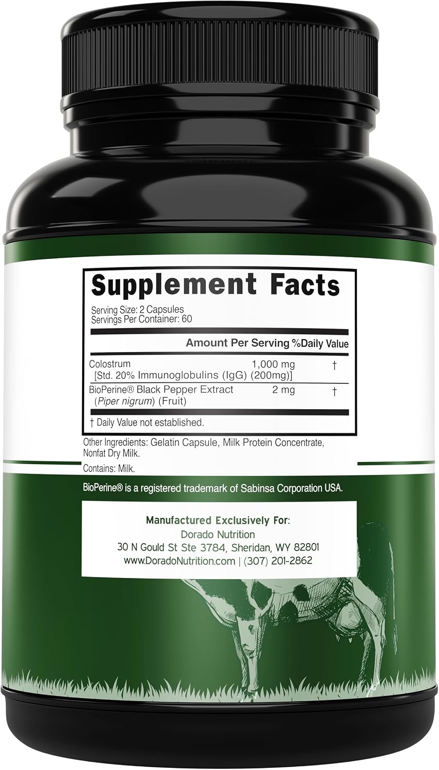 Dorado Nutrition Colostrum capsules nutritional label details