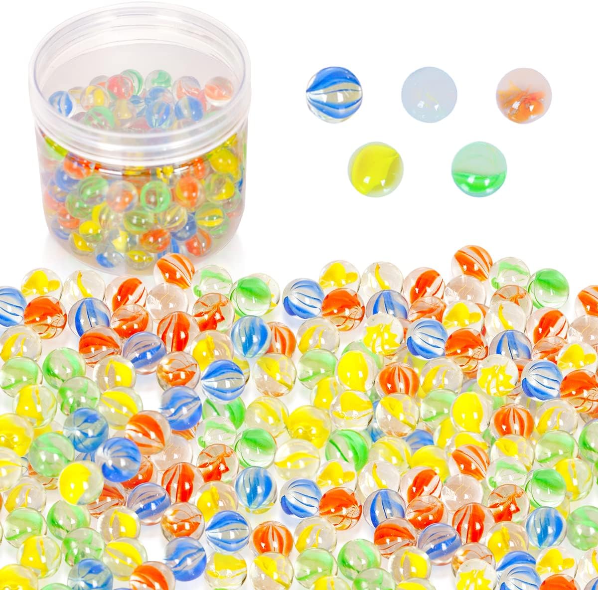 ShellKingdom 200 Count Bulk Glass Marbles front view of transparent jar filled with colorful cat eye marbles
