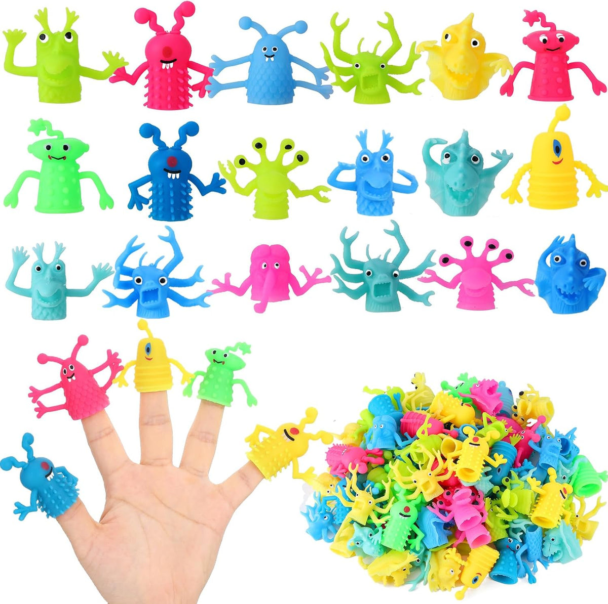 HIYZI monster finger puppets front view displaying multiple colorful soft rubber characters arranged on fingers.