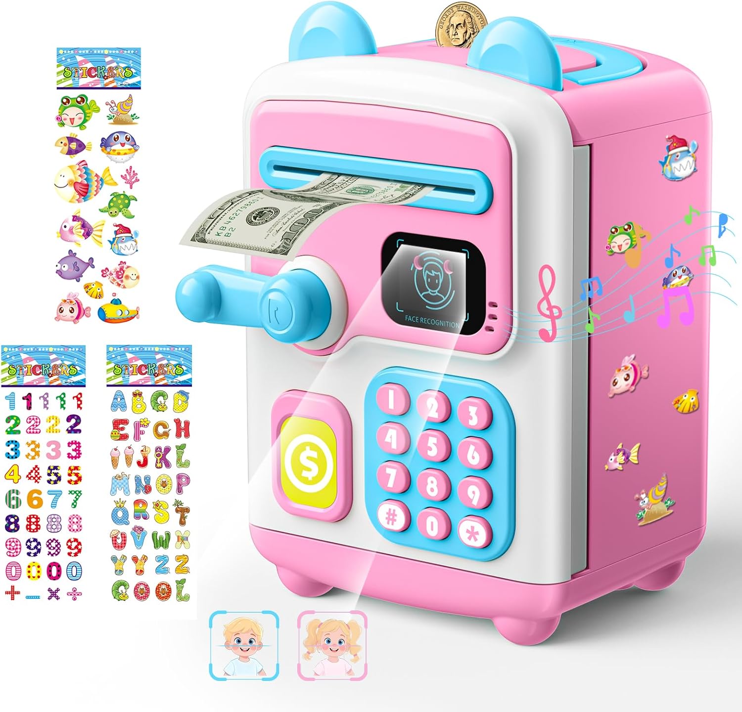 TROTK upgraded electronic piggy bank pink front view showcasing the digital keypad and automated slot
