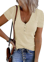MEROKEETY Womens 2026 Summer Short Sleeve Tops Casual T Shirts | V Neck, Ribbed Knit, Henley, Button Down, Trendy Fashion Basic Tee Shirts Blouses, Going Out Outfits Clothes - Image 14