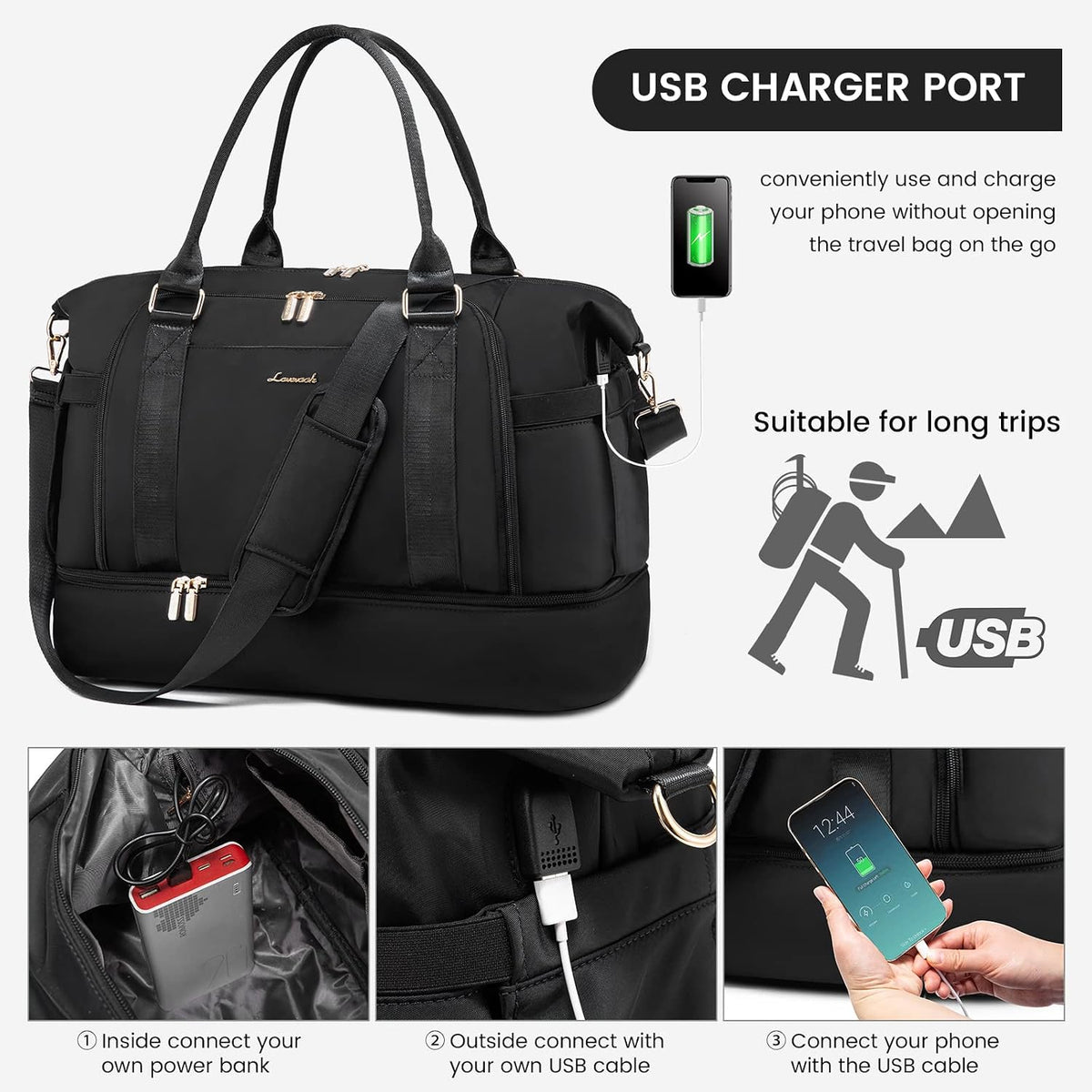LOVEVOOK gym bag showing side shoe compartment zipper