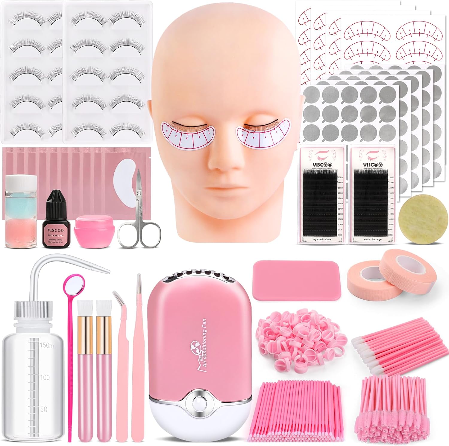 ADIUM VISCOO eyelash extension kit for beginners front view showing mannequin head and mini USB fan