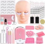 ADIUM VISCOO eyelash extension kit for beginners front view showing mannequin head and mini USB fan