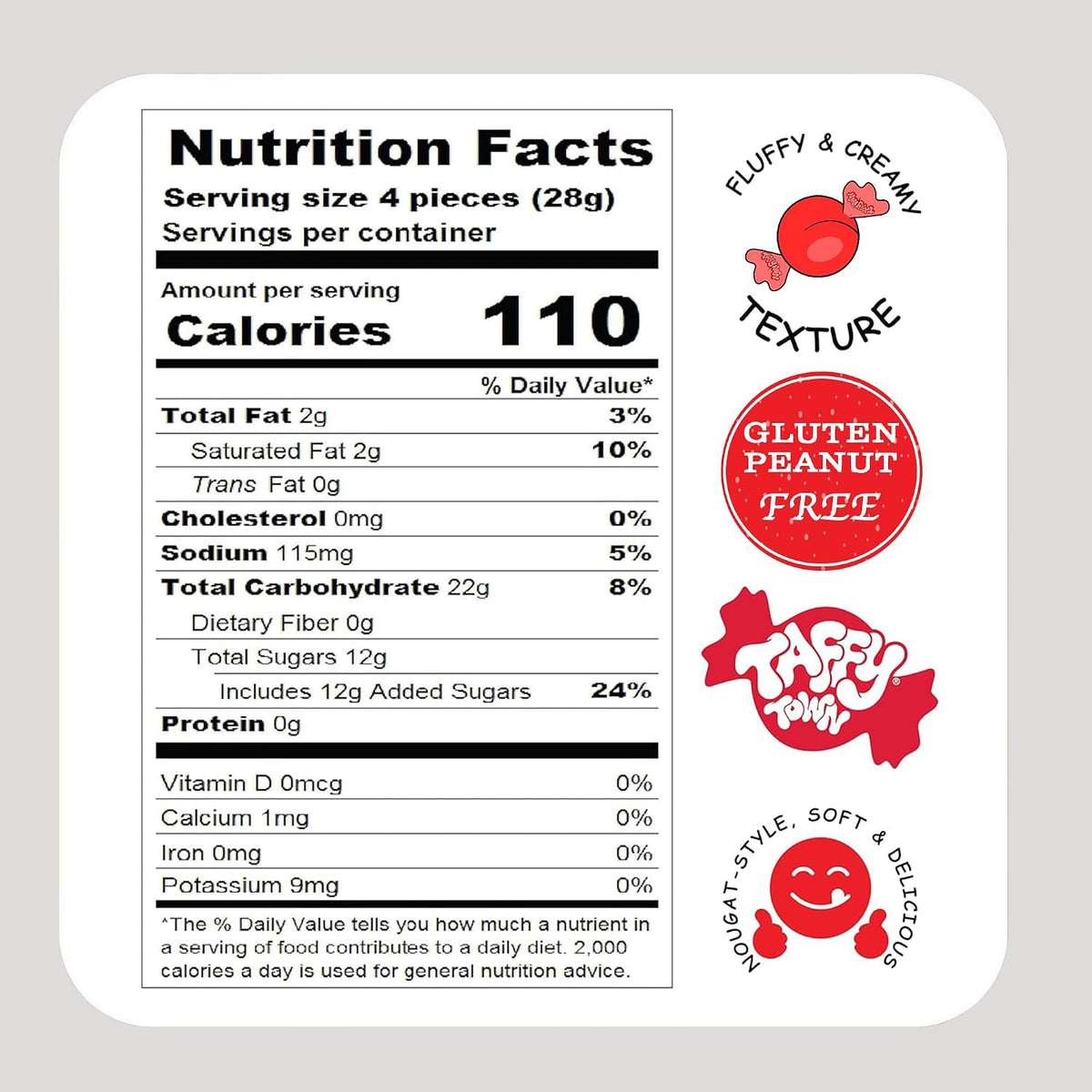 Taffy Town vanilla salt water taffy bag nutrition and ingredients side