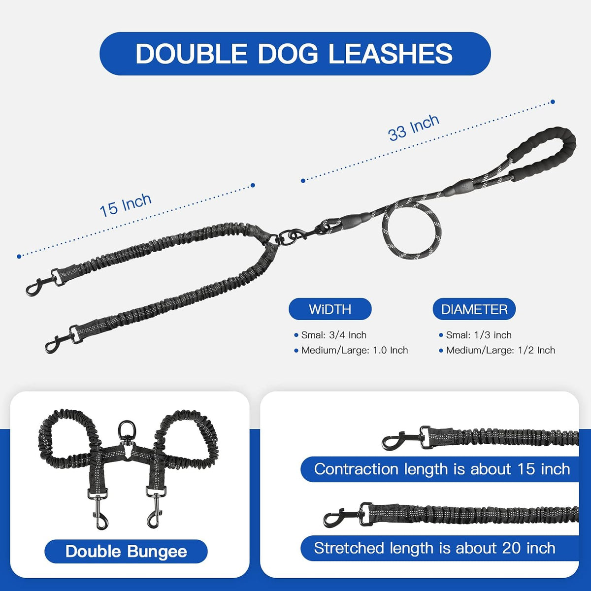 MingXpets dual dog leash extended view displaying the flexible elastic bands