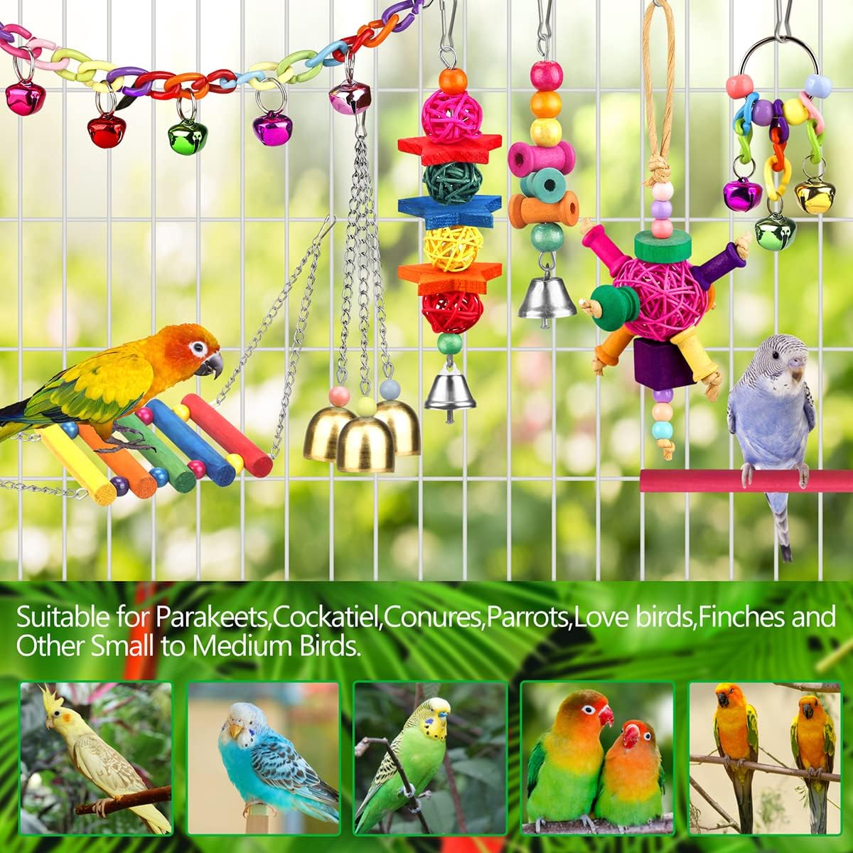 Close up view of the non toxic wooden chewing blocks and natural rattan twig ball accessories