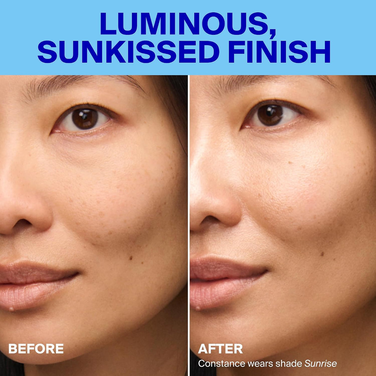 Supergoop Glowscreen SPF 40 applied on model face showing dewy finish