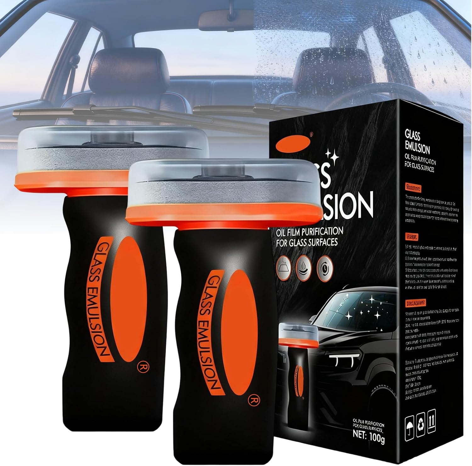 Vitacamy glass oil film remover for car front view demonstrating the integrated roll-on applicator brush