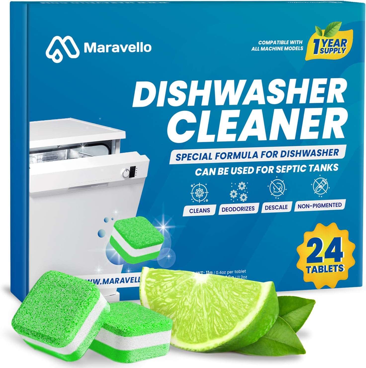 Maravello dishwasher cleaner and deodorizer twenty four tablets pack front view