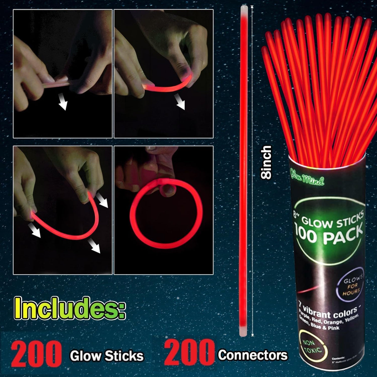 Nudala 200 pieces glow sticks and connectors set