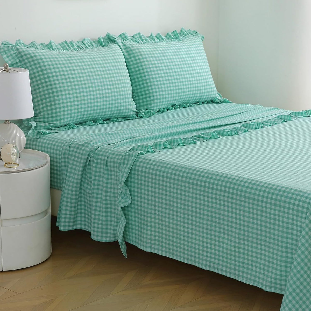 Sage Green White Gingham Ruffle Sheets Twin Size 4-Piece Set | 18" Deep Pocket, 100% Washed Cotton, Farmhouse Checkered Decorative Bedding Set with Pillow Shams - Image 11