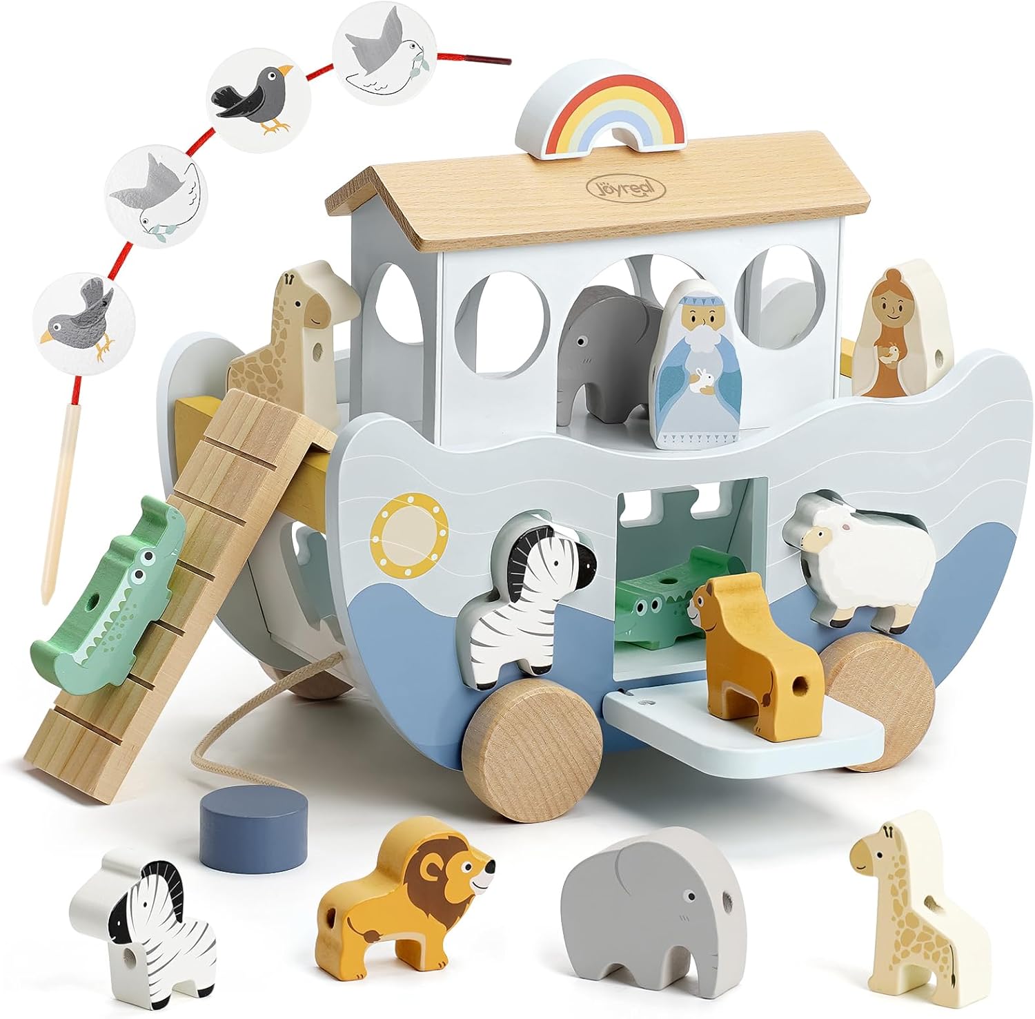 Joyreal Wooden Noah's Ark front view with animal figures