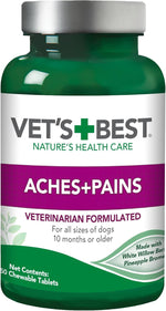 Vet's Best aches and pains relief supplement showing weight based daily feeding instructions.